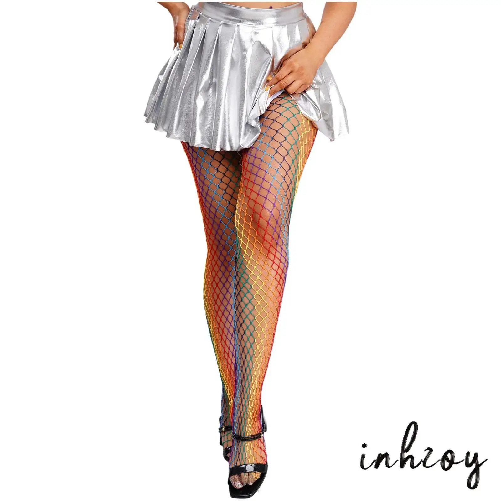 

Womens Rainbow Color Fishnet Pantyhose Hollow Out Stretchy Footed Stockings Bodystockings Accessories for Clubwear