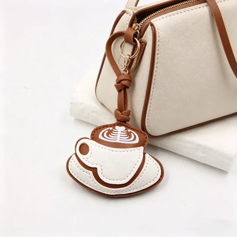 Adorable Creative Coffee Cup Charm Pendant Ornament PU Leather Material Women's Bag Accessory Exquisite Style Key Chains