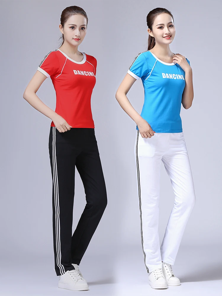 

Faionable Cotton Sportswear Set for Women Straight Leg Pants Square Dancing Fitn Clothes ort Sve Summer Outfit