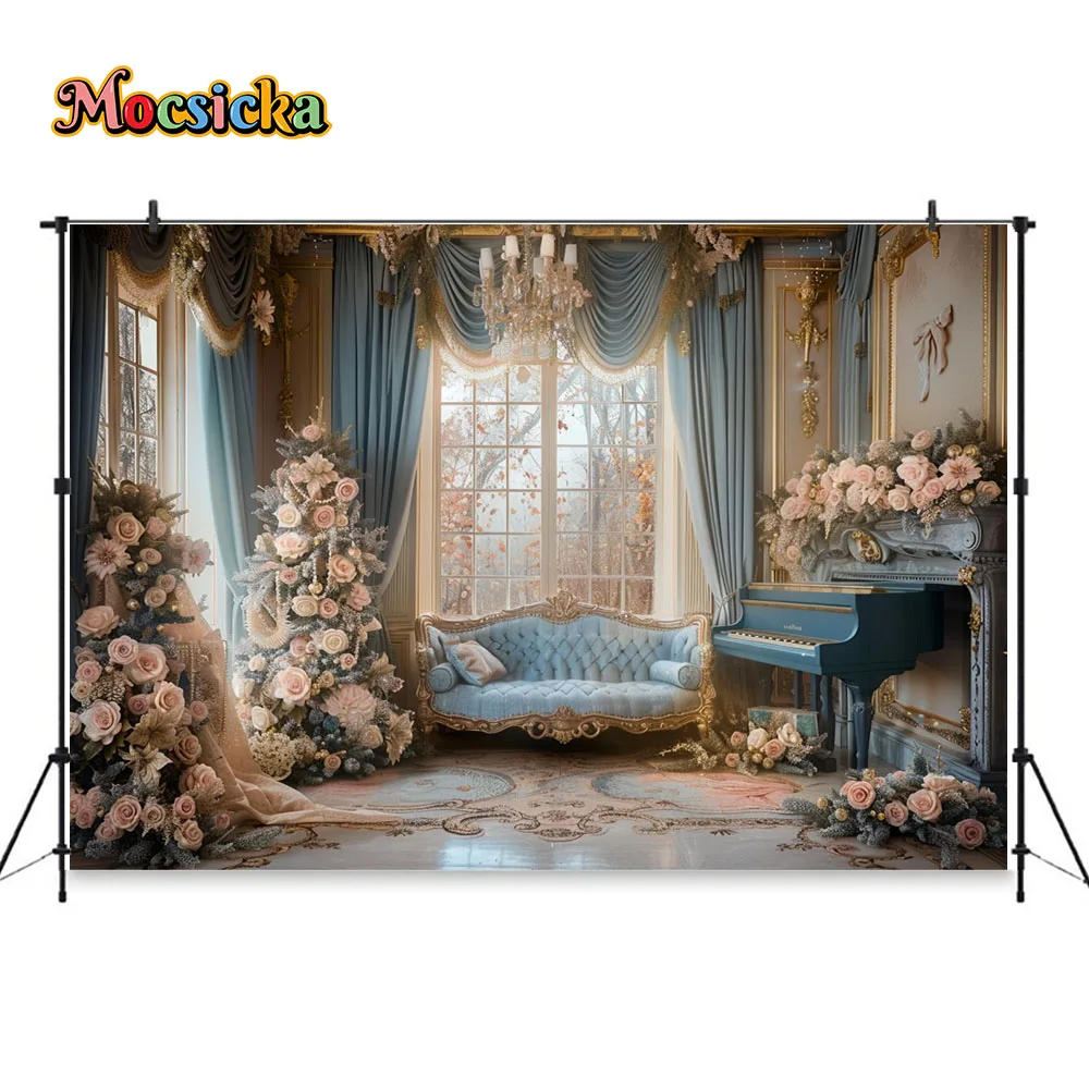 Fondo de fotografía de habitación de flores clásicas para mujeres de maternidad, cortina de ventana de árbol de Navidad rosa, telón de sofá, fotos artísticas