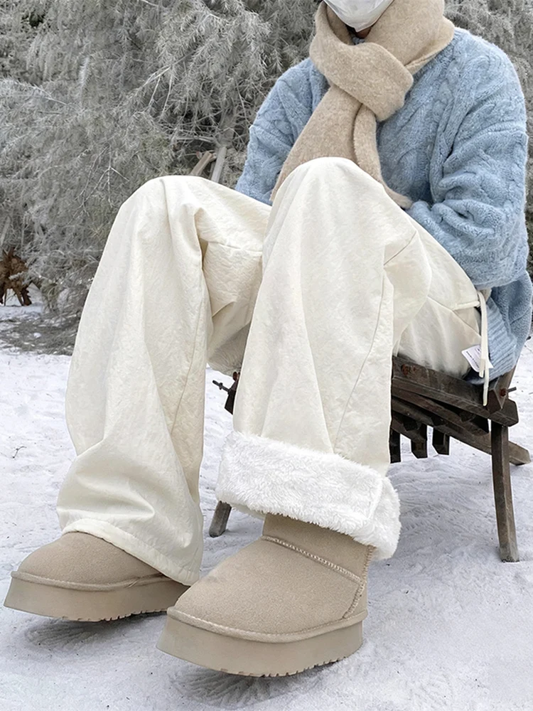 

Warm Fce Lined Outdoor Casual Pants Men's Winter Loose Long Trousers Street Sle Versatile Cold Proof Straight Leg Pants