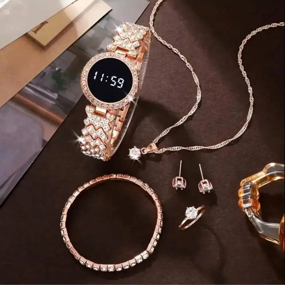 Women Digital Watch 5pcs Set  Fashion Casual Alloy Strap Led Watches FREE Bracelet Ring Necklace Earring