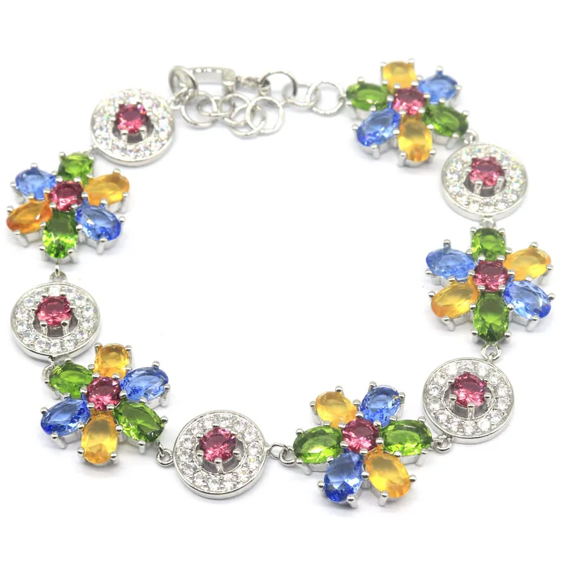 36x18mm Multi Color Tourmaline Peridot Violet Tanzanite Citrine CZ Women Dating Silver Bracelet 8.5-9.5inch