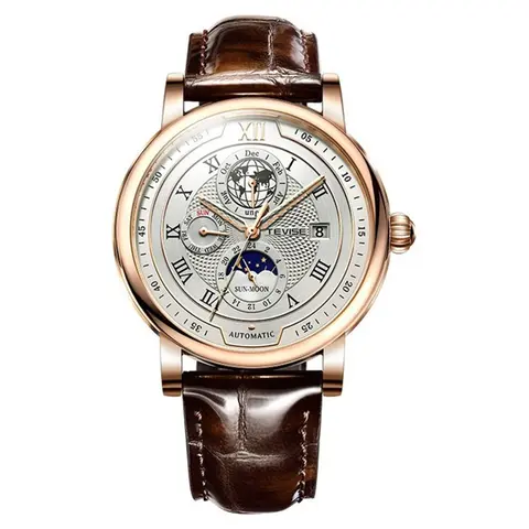 2025 TEVISE, relojes mecánicos impermeables de negocios para hombres, reloj de cuero de lujo de primeras marcas para hombres, reloj de pulsera automático de fase lunar