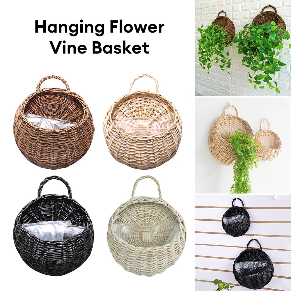 Hand Made Wicker Rattan Flower Planter Wall Hanging Wicker Rattam Basket Garden Vine Pot Plants Holder Garden Pots Wall Planter