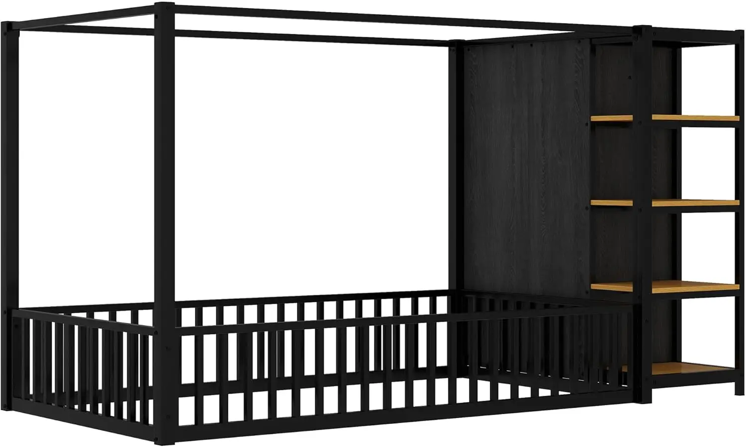 Tempat Tidur Lantai Montessori Ukuran dengan Lemari Pakaian dan Rak Penyimpanan, Rangka Tempat Tidur Lantai Kanopi untuk Anak-anak, Tempat Tidur Lantai Logam Ukuran Twin dengan Pagar