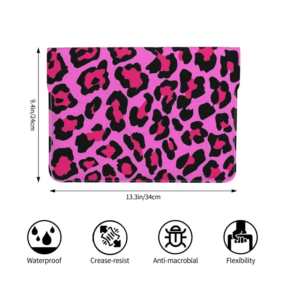 Neon Pink Leopard Print Cheetah Pattern PU Leather Horizontal Laptop Sleeve Shockproof Soft Lining Notebook Case 13 Inch