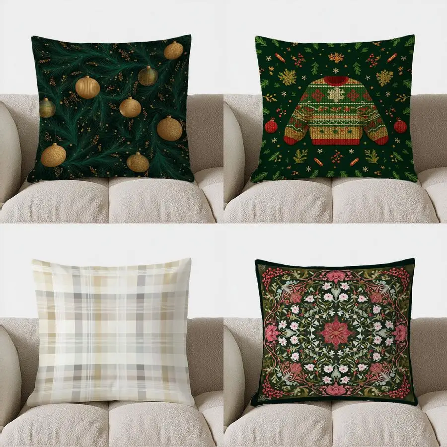 

Home Decor Christmas Greenery & Golden Ornaments Pillow Pattern Cushion Cover Suitable For Sofa Bedroom Car Pillow Cover