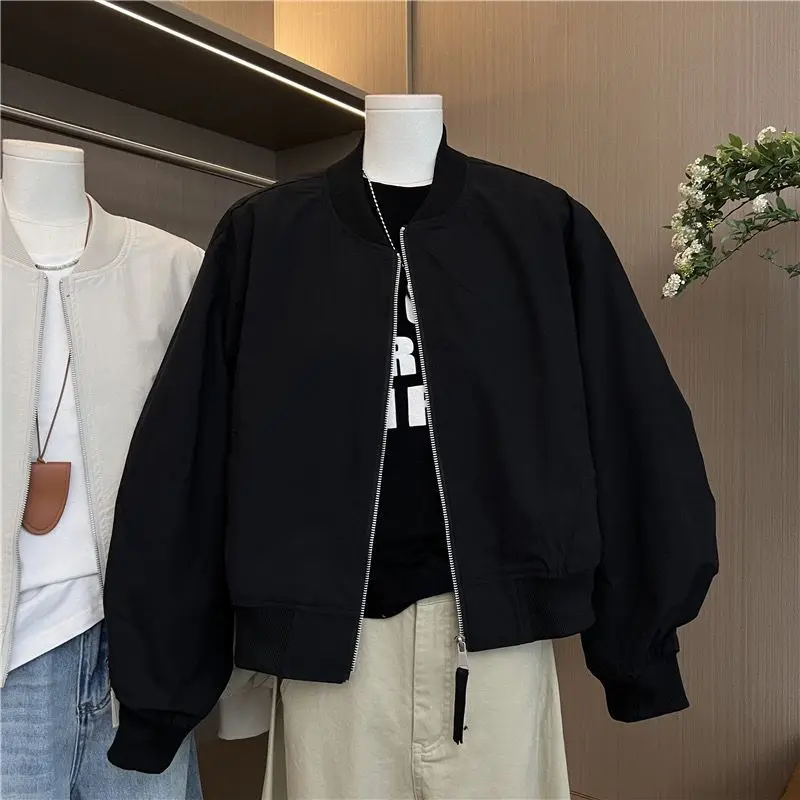 Slim Fit Short American Style Baseball Jacket Women's Spring Autumn Thin Stand Collar Flight Coat Small Size Outerwear