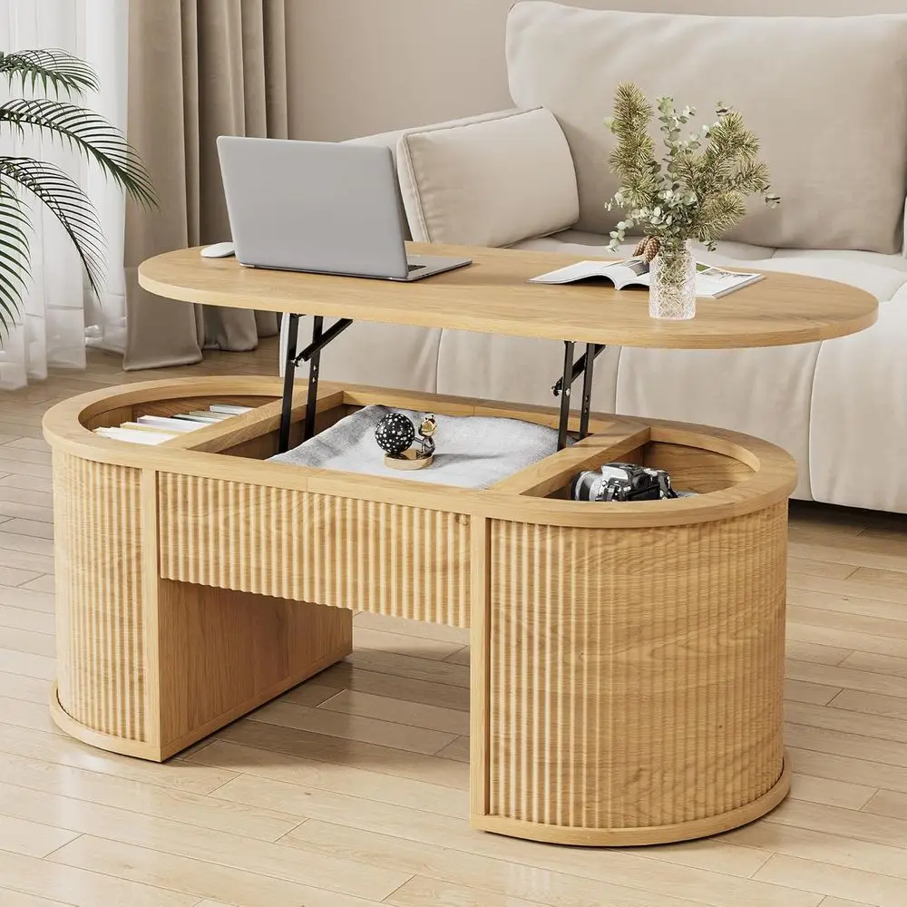 

Журнальный столик Lit Top Coee Table с отсеком для хранения, овальный центральный столик для гостиной со скрытым отделением, журнальный столик из дерева в стиле середины века или маленький журнальный столик