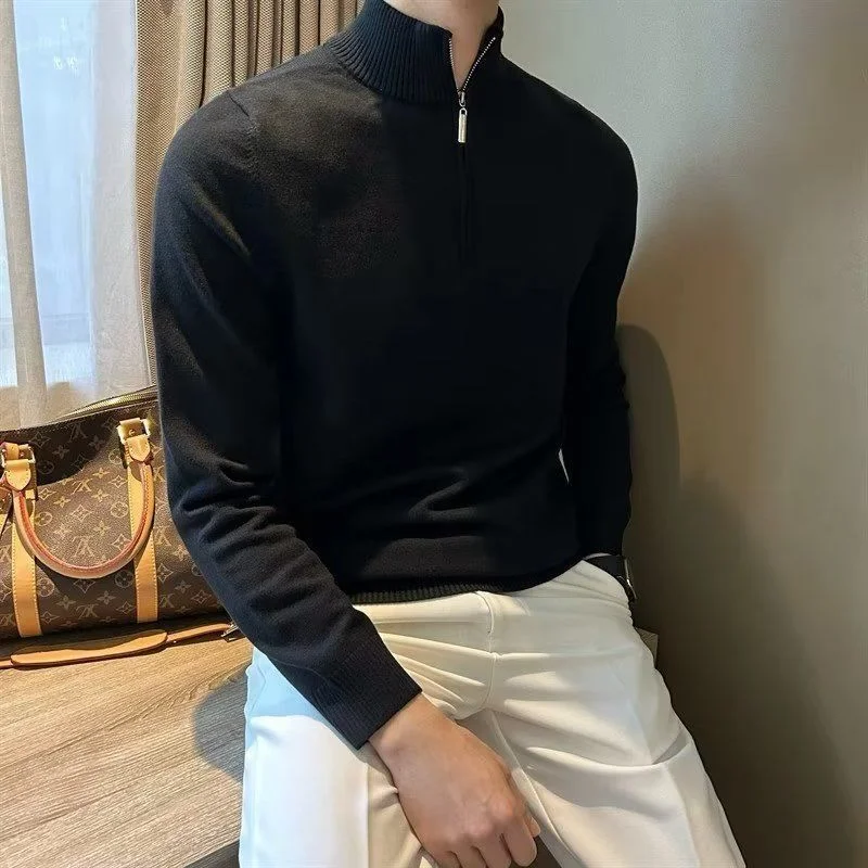 

New Autumn Winter Stand-up Collar Zipper Knitted Long-sleeved Sweater British Slim Pullover Sweater