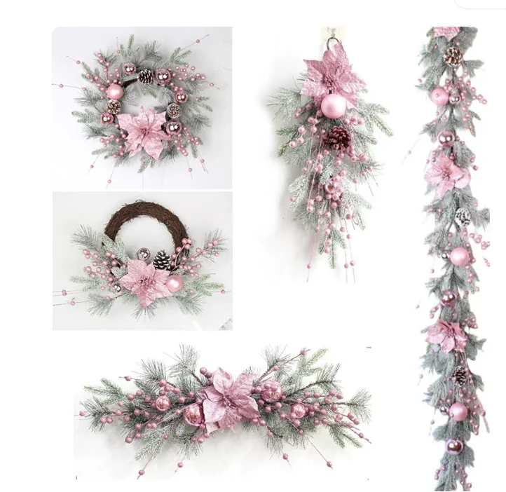 1 piece of Christmas pink Christmas flower electroplated ball snow cream plush PE pine needle vine flower ring vine