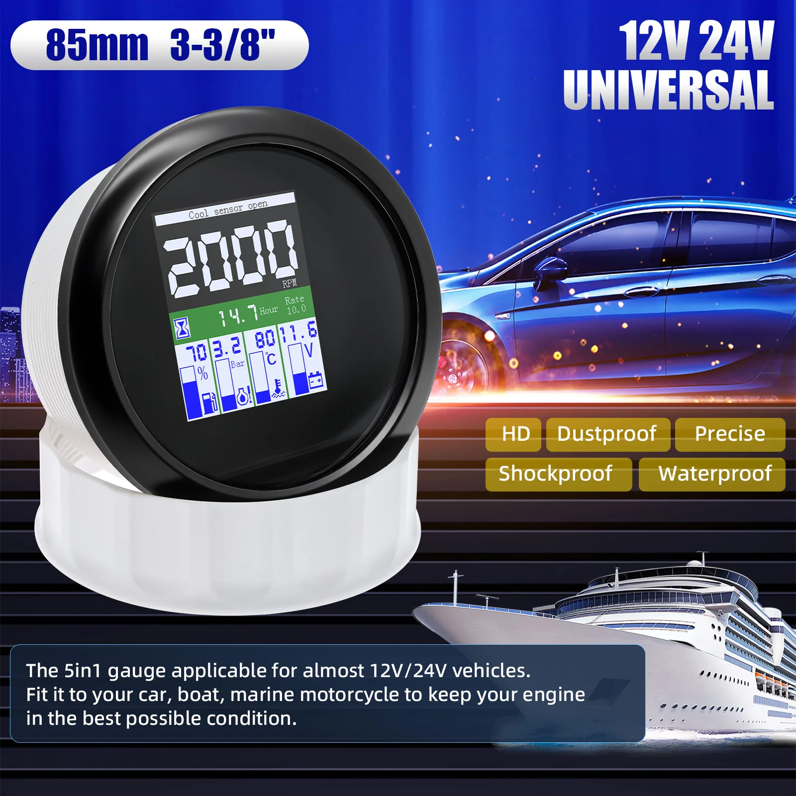 New Waterproof 85mm Multi-functional Digital Gauge 0~10bar Oil Pressure /Speedometer /Tachometer /Fuel Level / Water Temp 12V24V