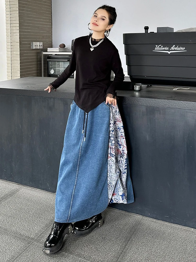 [EAM] High Elastic Waist Green Pattern Printed Denim A-line Half-body Skirt Women Fashion Tide New Spring Autumn 2025 1DH8732