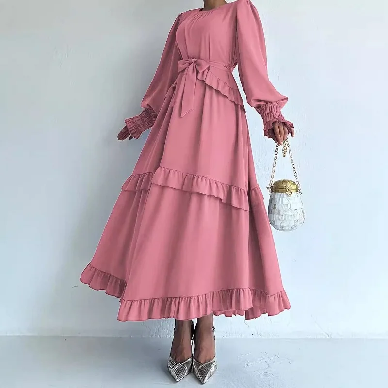 Fashion Women\'s O-neck Ruffle Party Dress 2024 Autumn Casual Lace Up Solid Color Party Dress Elegant Long Sleeved Loose Dresses