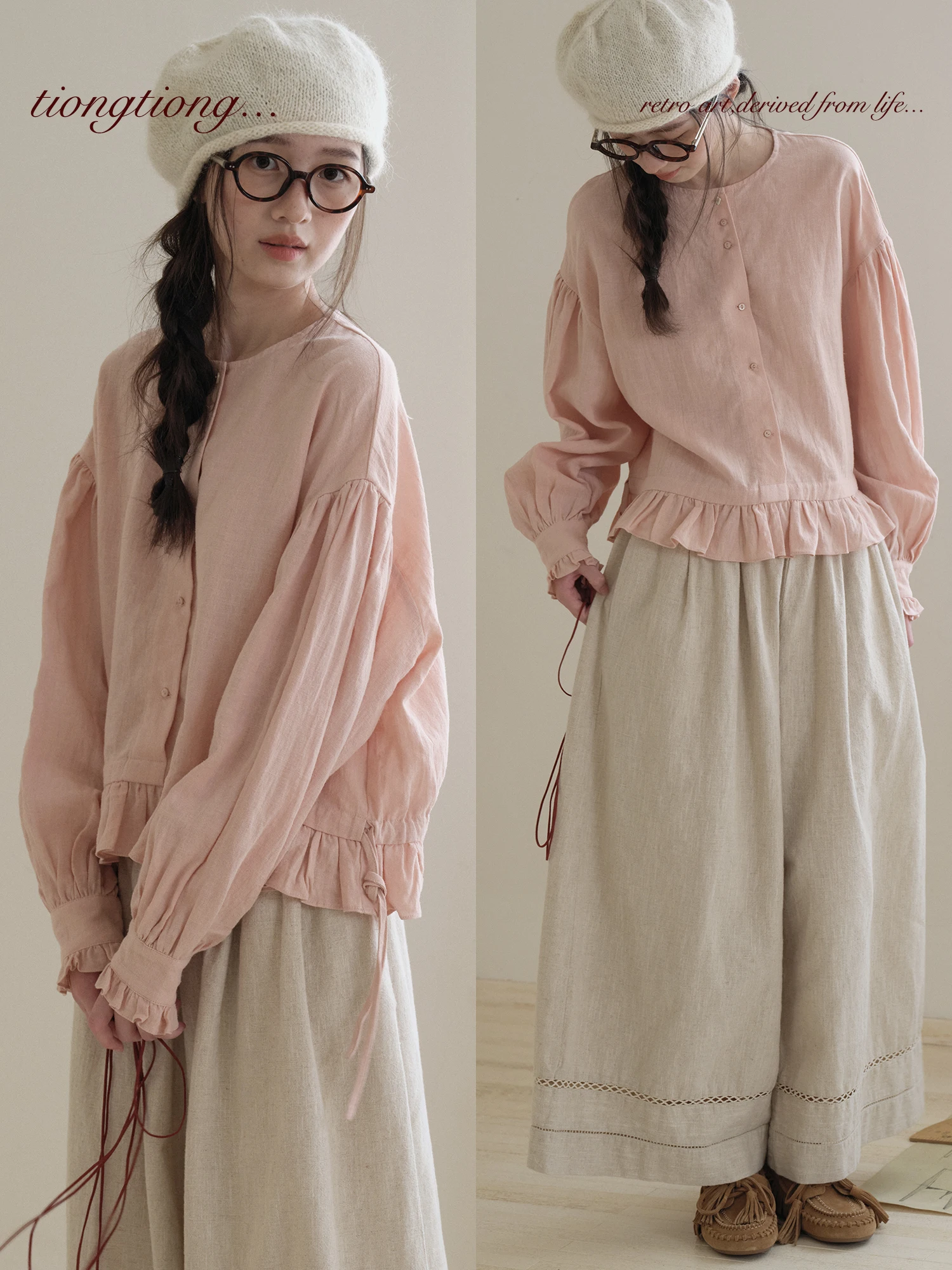 

Artistic Sle Long Sve irt Women's Loose Fit Lantern Sve Cotton Linen Blend Floral Lace Hemline Slimming Design irt