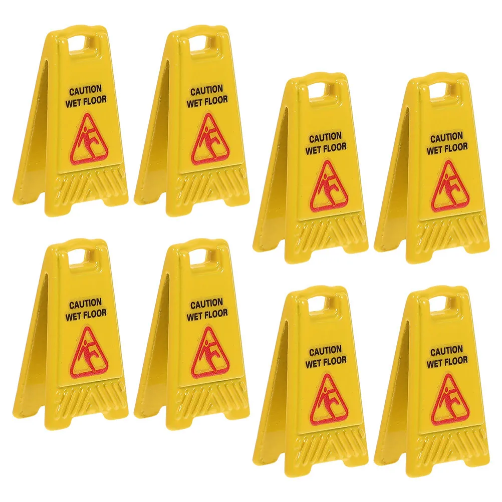 8Pcs Dollhouse Accessories Mini Wet Floor Warning Signs Realistic Caution Safety Signs Slippery Floor Props for Scene Decoration