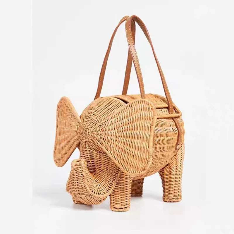 Sac à main éléphant en rotin tissé à la main pour femme, sac de maquillage, personnalité simple, vacances en bord de mer, grande capacité, été, nouveau