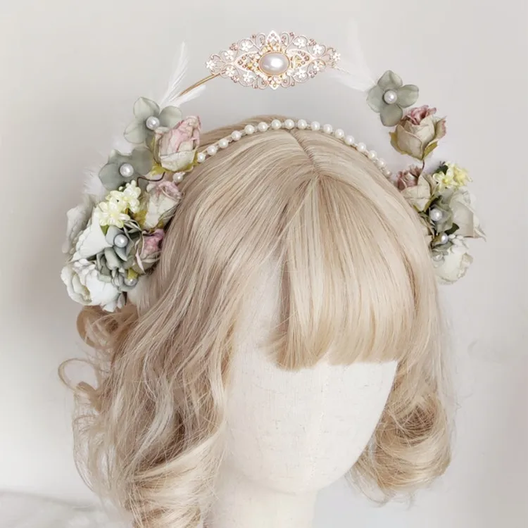 Sweet Rose flower Headpiece Lolita Vintage KC Crown Headband Angel Virgin Mary Baroque Tiara Headwear Anime Decor