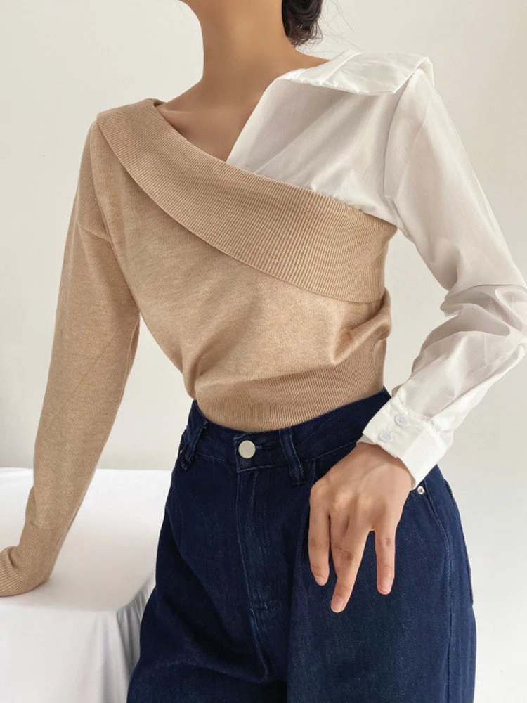 TWOTWINSTYLE Korean Shirt For Women Lapel Long Sleeve Colorblock Patchwork Knitting Blouse Female Summer Fashion 2023 Clothing