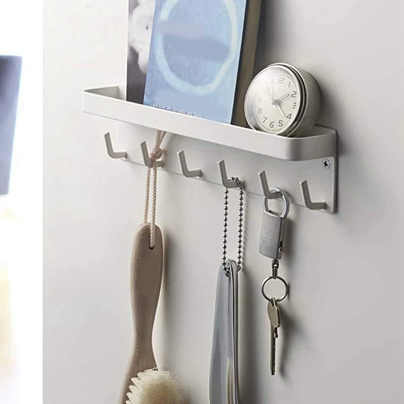 Cincin kunci, gantungan kunci dinding, dengan rak, nampan kunci dengan rak dan 6 kait perekat, Bar kunci untuk kamar mandi kantor hitam tahan lama
