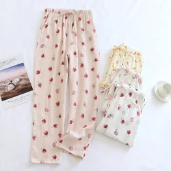 New Crepe Ladies Pants Cotton Gauze Home Pants Elastic Waist Print Sleep Bottoms Casual Simple Women Pajamas Loose Sleepwear