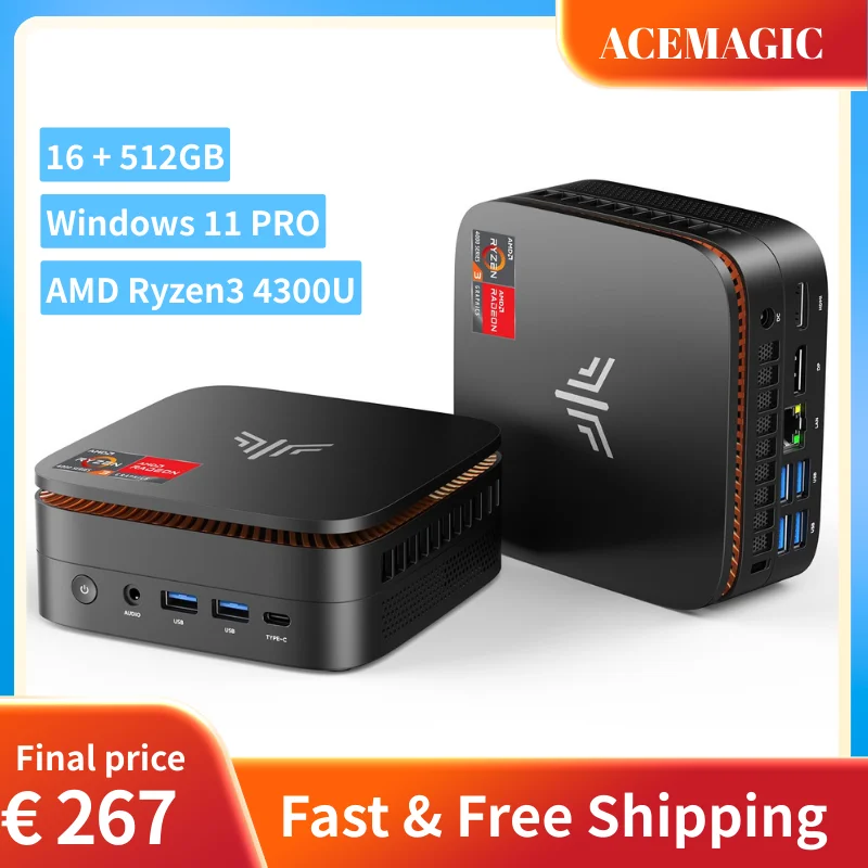

ACEMAGIC MINI PC AMD Ryzen 4300U 16GB RAM 256GB SSD Windows 11 Pro Low Power Consumption 4K Triple Display WiFi 5 MINI PC