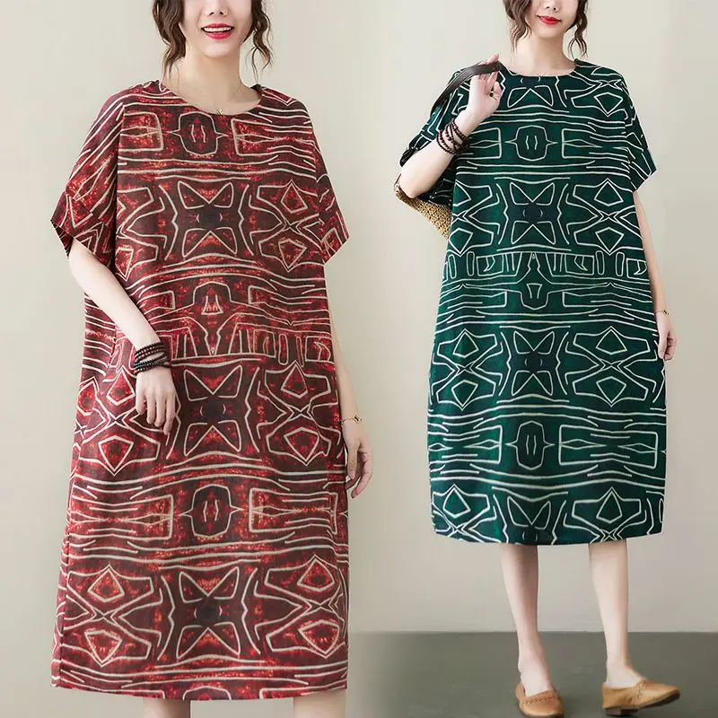 Summer New Vintage Geometric Printing Short Sleeve Women's Round Neck Cotton Linen Patchwork Pockets Loose Mid Length Dress