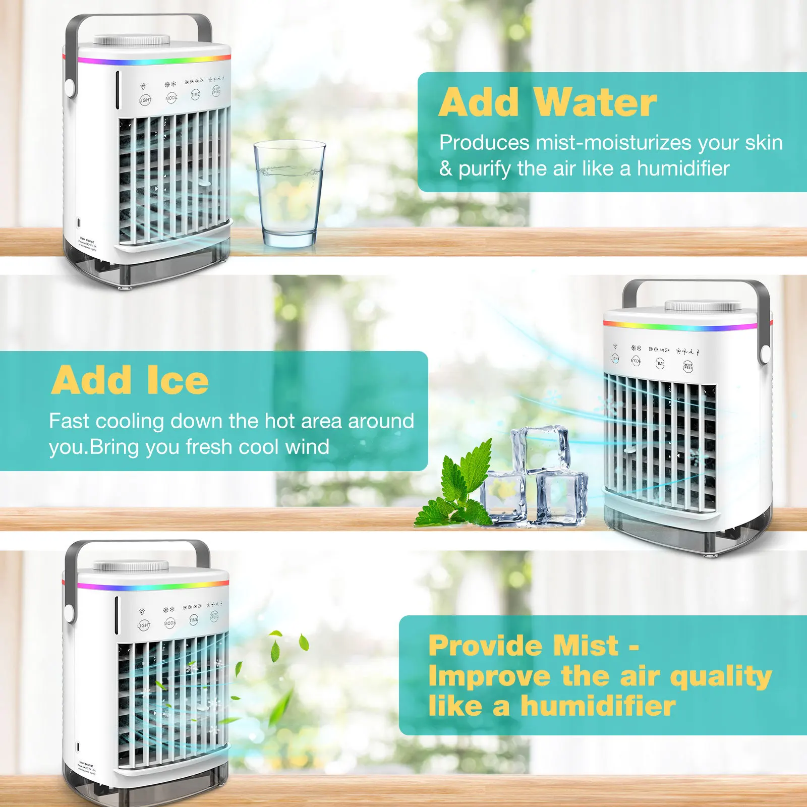 Ventilador de aire acondicionado, nebulizador humidificador USB, Mini enfriador de aire de 750ml, ventilador de luz de ambiente para el hogar, ventilador eléctrico portátil
