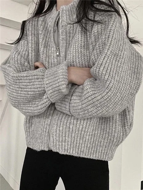 ay Zipper Casual Versatile Korean Hong Sle Knitted Cardigan Long Sve Stand Collar Women's Sweater Commute Sle Autumn...