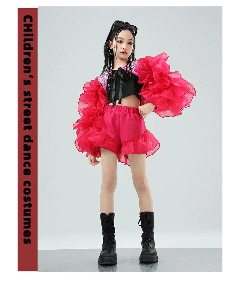 Mädchen Rosa Paillettenkleid mit Puffärmeln Jazz-Tanz Laufsteg-Show-Kostüm Trendiges Kinder-Auftritts-Outfit – Detail 11