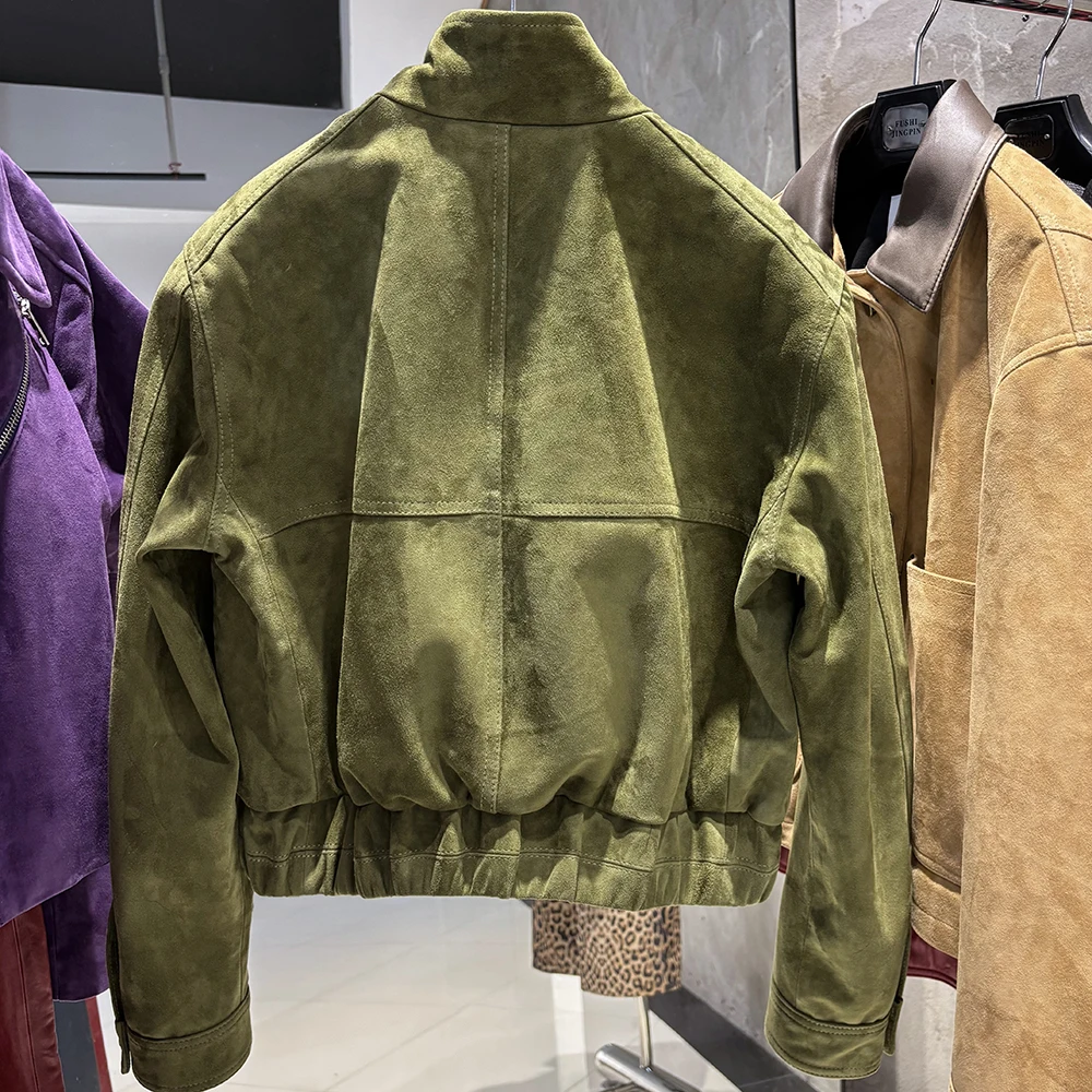 YOLOAgain 2026 Spring Short Suede Bomber Jacket Women Genuine Sheepskin Leather Jacket Ladies