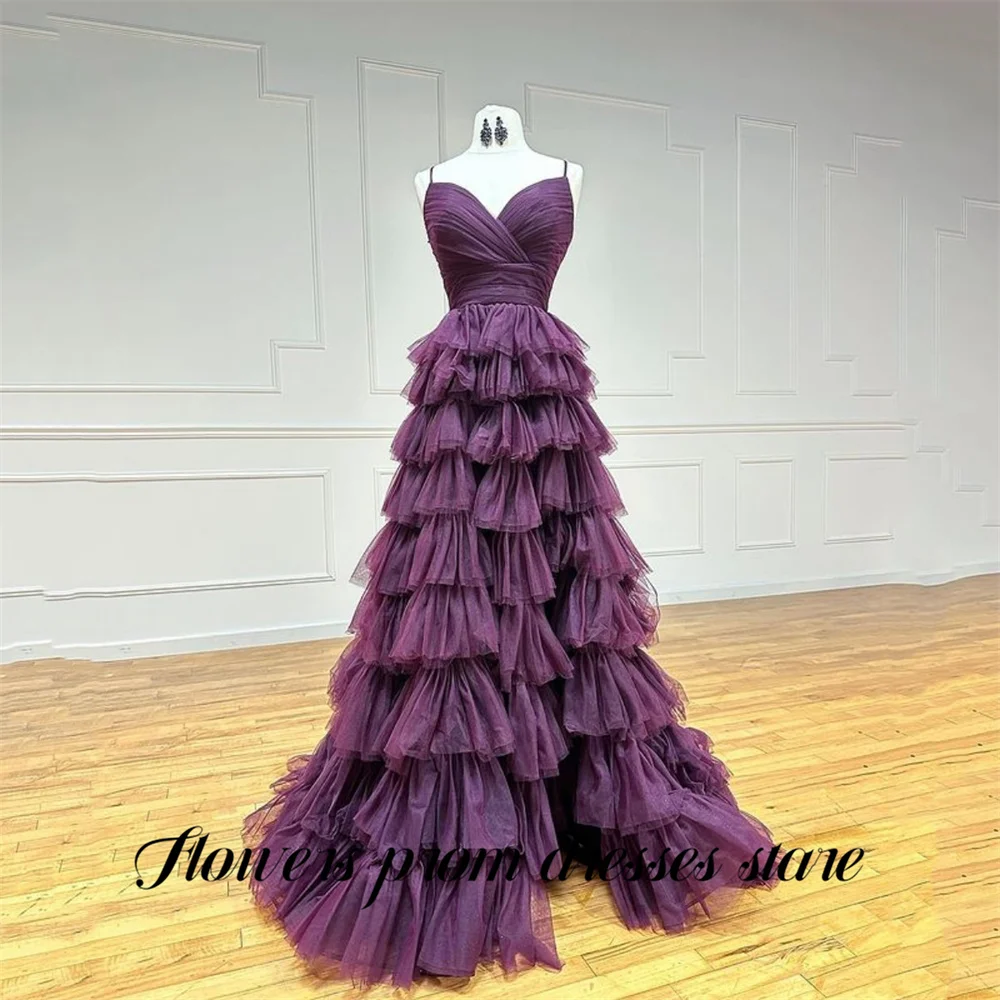 

Flowers Plum Purple Party Dresses Crisscross Back فساتين السهرة Multilayers Night Dress Tulle Prom Dress Customized