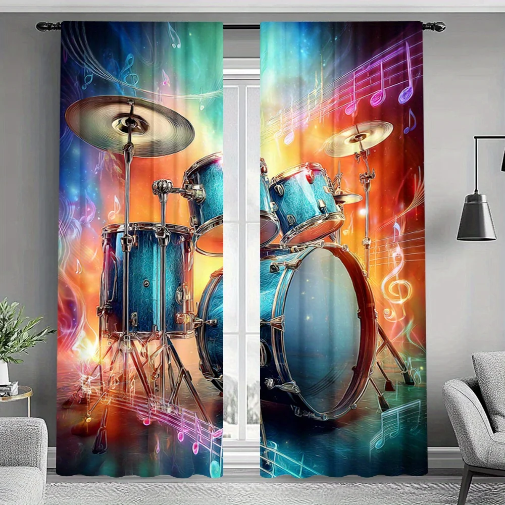 Music Drum Curtain, Colorful Jazz Instrument Window Drape, Rock Band Blackout Panel, Living Room Studio Home Decor