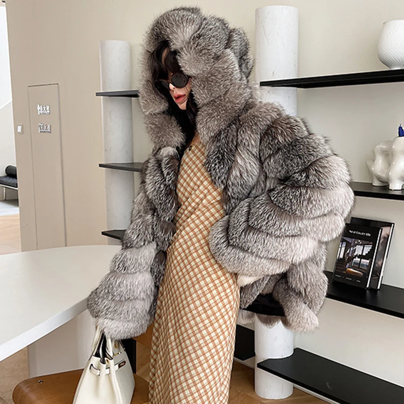 Warmer Damenmantel 2025, neue Mode, hochwertiger Damen-Pelzmantel, Wintersaison-Stil, dicker Fuchspelz mit Kapuze, Fell und Kunstpelz H714
