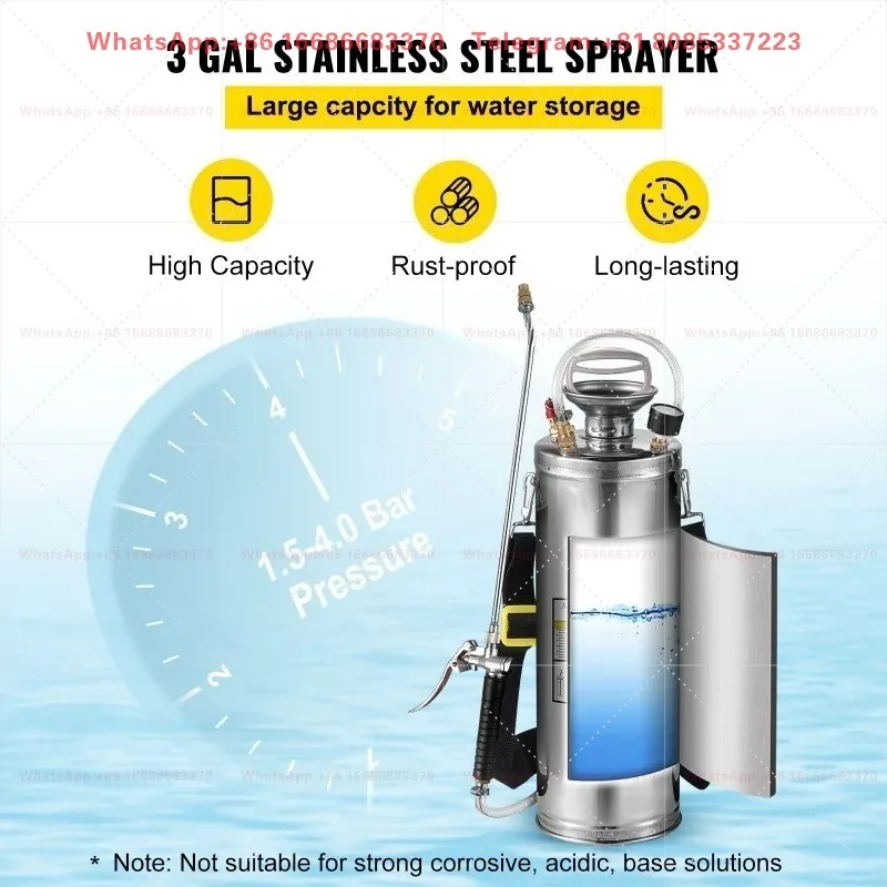4-12L Hand Powered Stainless Steel Sprayer Pump Atomizer For Home Garden Ground Watering Cleaning Use