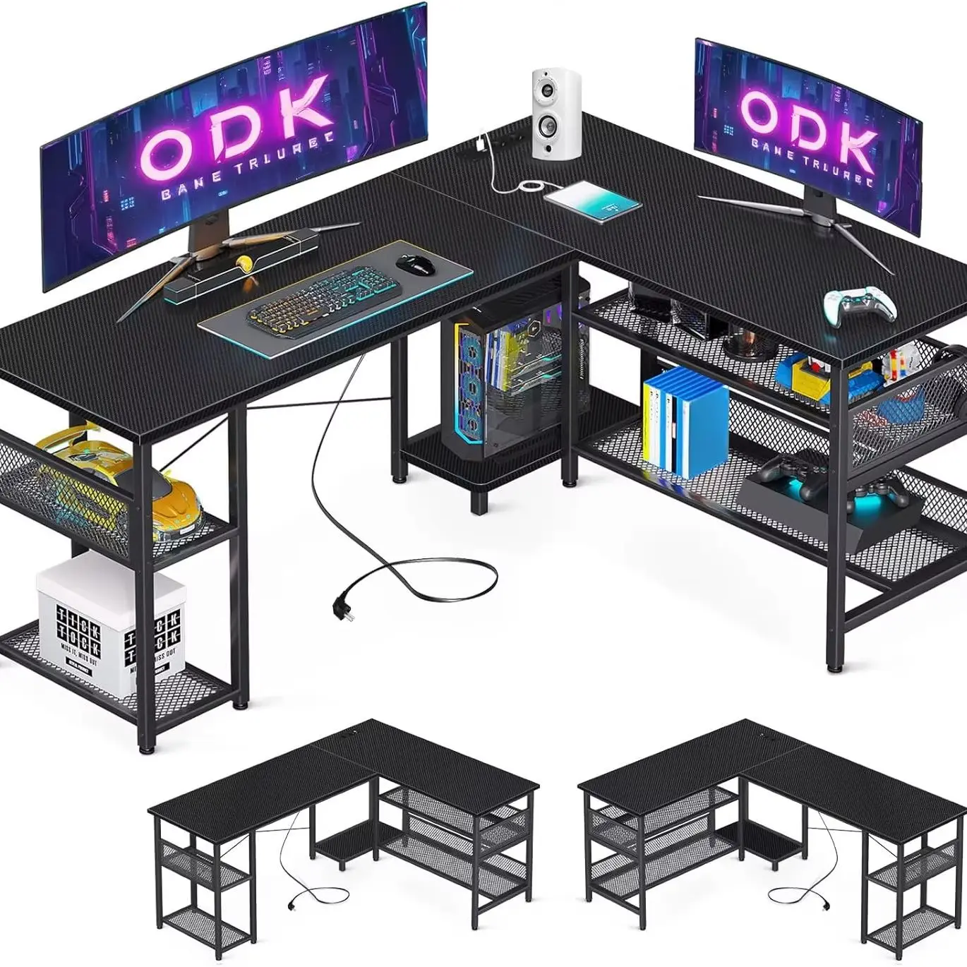 Coleshome L-förmiger Gaming-Schreibtisch mit umkehrbarem Design, Schreibtisch mit großem Stauraum, Eckschreibtisch mit 2 Steckdosen und 2 USB-Anschlüssen, 150×102 cm (Schwarze Kohlefaser)