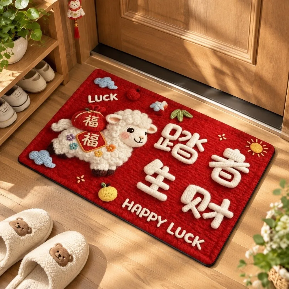 Cartoon Zodiac Goat Floor Mat Blessing Words Quick Dry 2027 Lamb Door Mat Lucky Anti Slip Year of The Sheep Mat Entrance