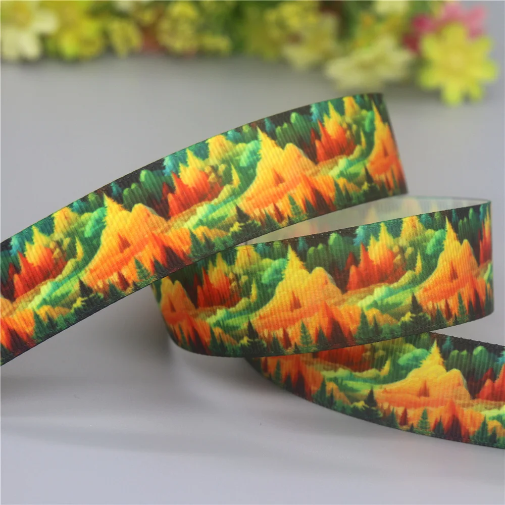 DUWES 50yards Forest Mountain Tree Printed Grosgrain Ribbon Accessories Material Headwear Decoration DIY Sewing Craft D2194