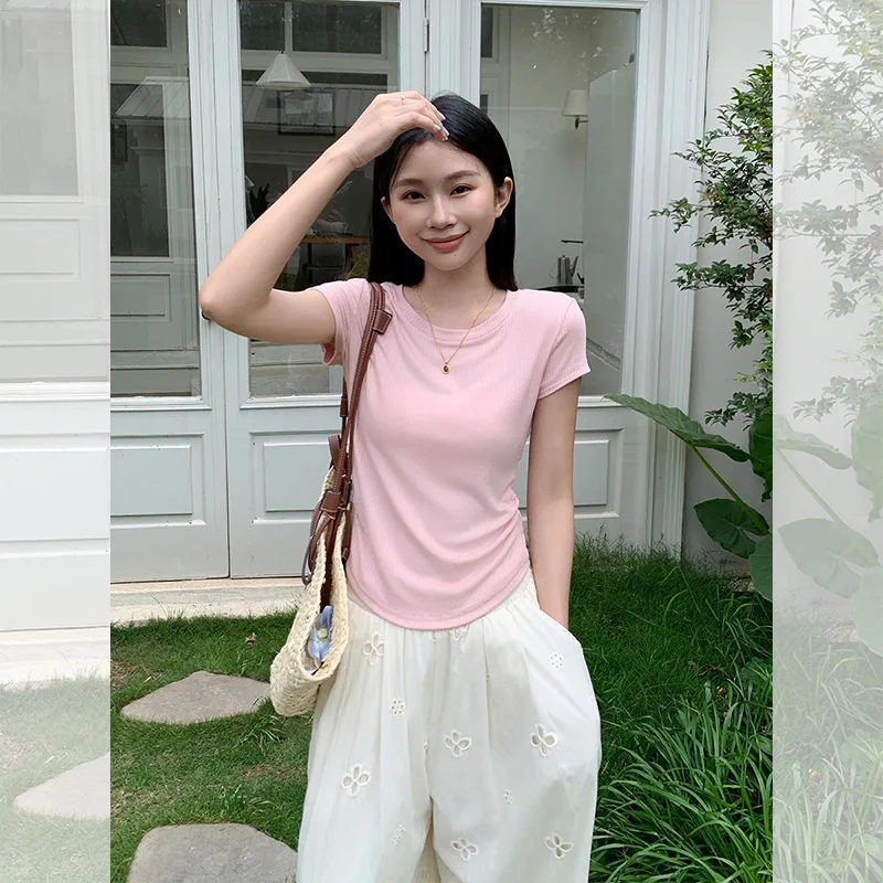 Korean Style Vertical Striped Short Sleeve T-Shirt 2025 Summer New Curved Hem Side Waist Drawstring Slim Fit Top for Women