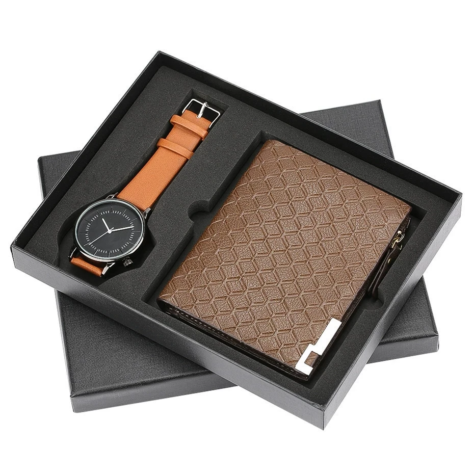 

2 Men's Gentleman Elegant Fashion Business PU Leather Strap Wristwatch Set, Wallet + Wristwatch [Gift Box]