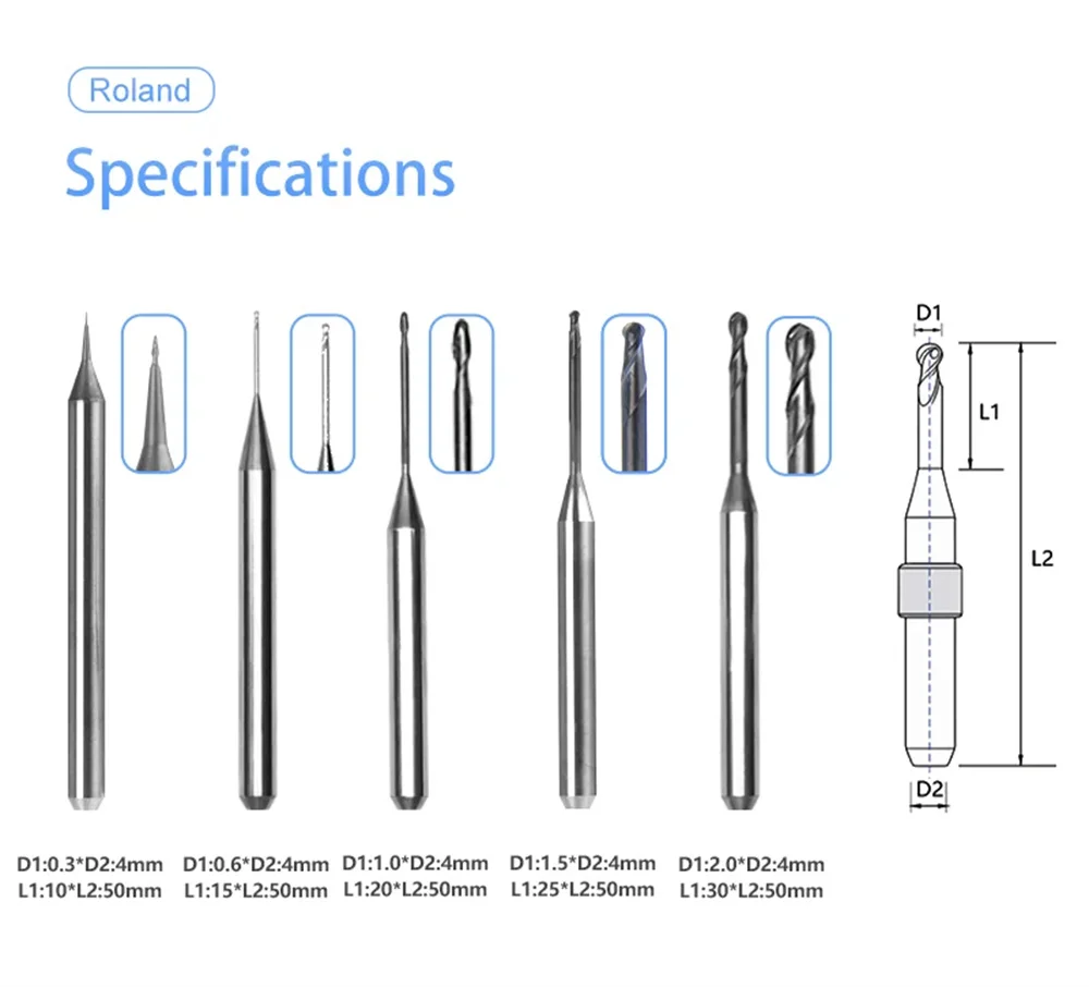 Roland frese per fresatura dentale rettifica PMMA D4 gambo rivestimento NC 50MM lunghezza 0.3/0.6/1.0/1.5/2.0MM strumento per molatura dentale