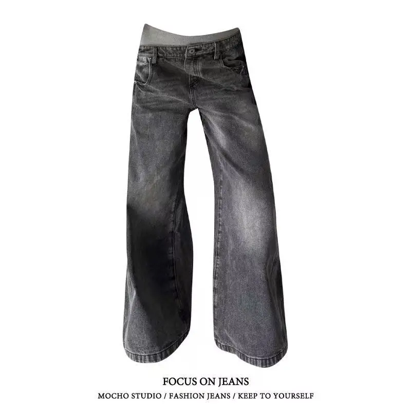 

American Retro Ribbed High Waist Straight Jeans Women Autumn And Winter High Street Spliced ​​Double Waist Loose Wide Leg Pants