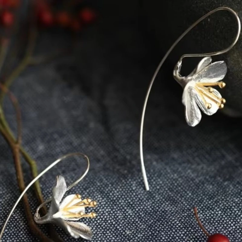925 Sterling Silver Flower Long Tassel Earrings For Women Thai Process Elegant Lady Sterling silver jewelry