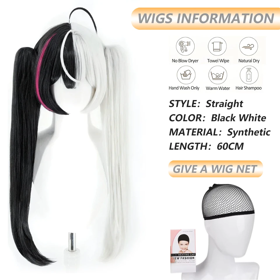 60cm Lacrimosa Cosplay Wig Black White Middle Part Wigs For Women Anime Cosplay Heat Resistant Synthetic Hair Halloween
