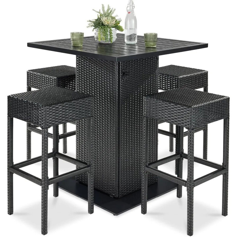 

5-Piece Outdoor Wicker Bar Table Set for Patio, Poolside, Backyard w/Built-in Bottle Opener, Hidden Storage Shelf