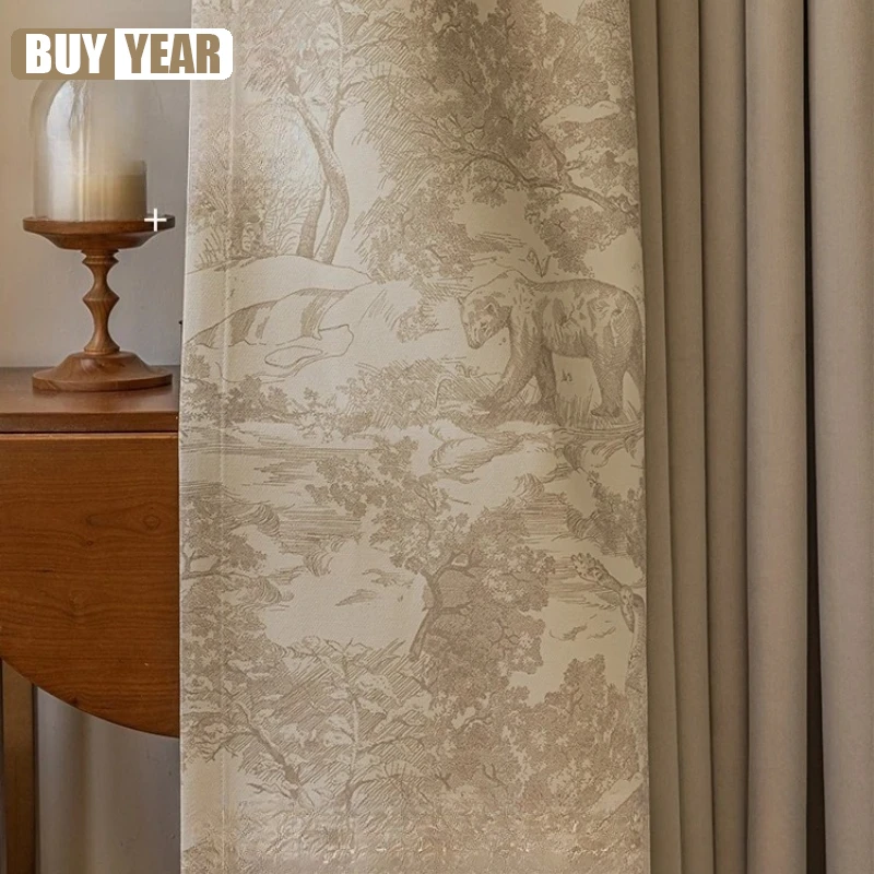 

Milk Tea Color Animal Jungle Jacquard Blackout Curtains Bedroom Living Room Light Luxury Splicing Cloth Window Decoration Custom