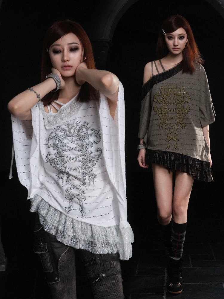 

Ariadna Original Design Street Sle Loose Fit Batwing Sve Lace Print T-irt Women's Summer Faion Punk Retro Top