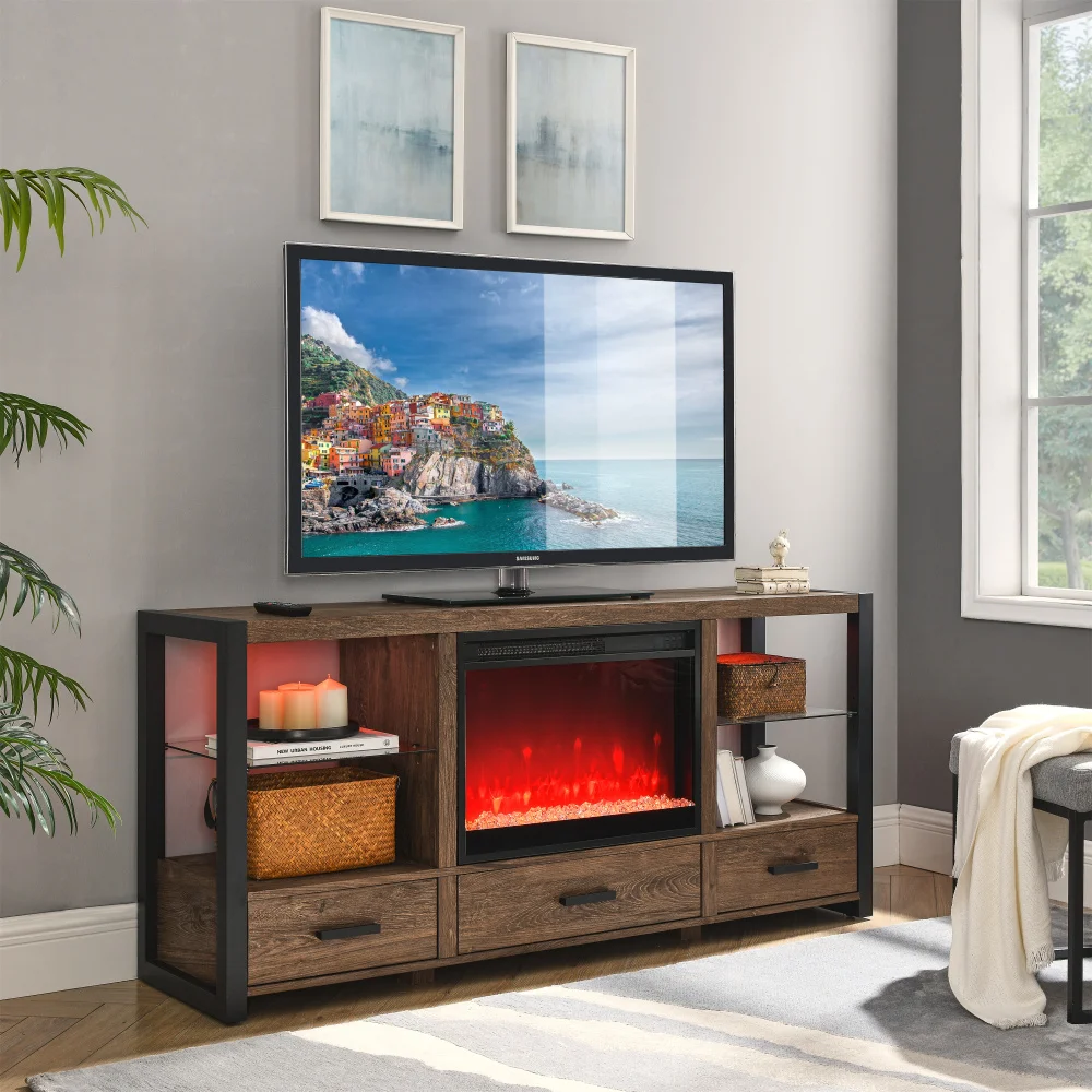 60 Inch Electric Fireplace Media TV Stand Sync Colorful LED Lights-Reclaimed Barnwood Color Heating, Cooling & Vents Fireplaces