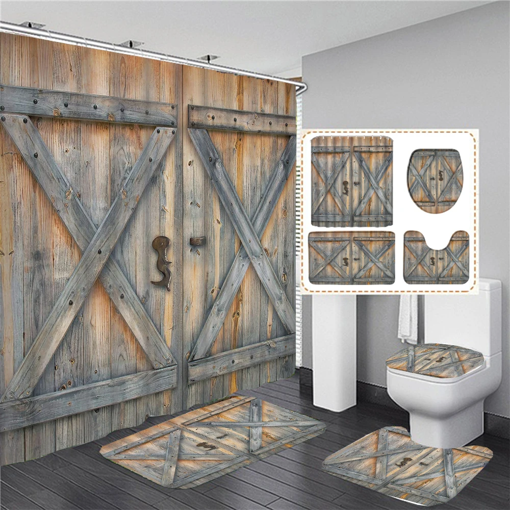 

Rustic Barn Door Shower Curtain Set Non-Slip Rug Toilet Lid Cover Bath Mat Vintage Wooden Gate Waterproof Bathroom Curtain Set